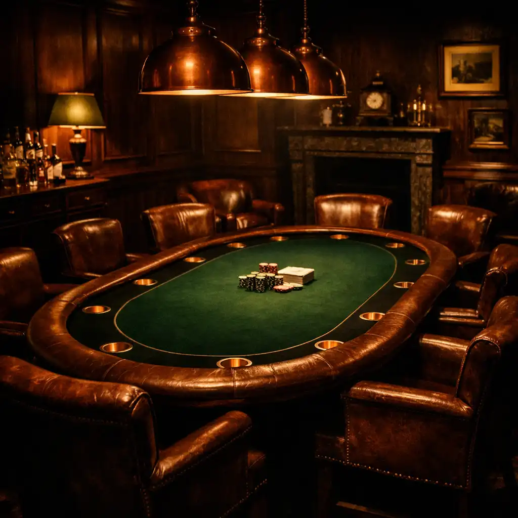Ambiance feutrée de la Card Room avec table de poker, lumière chaude et boiseries sombres