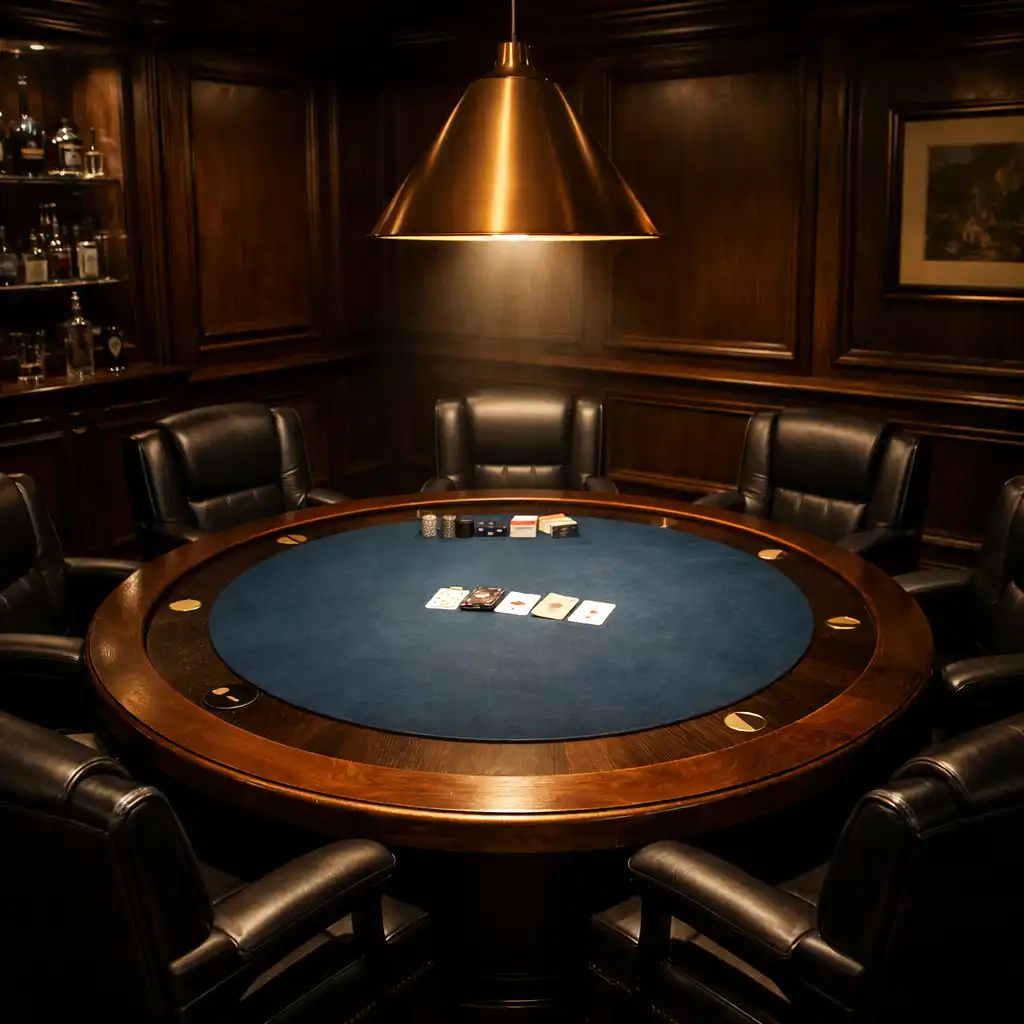 Card Room privée avec table ronde en bois sombre et suspension en cuivre