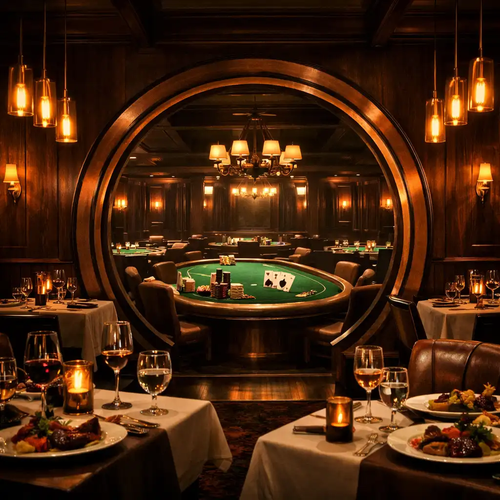 Salle de restaurant intime en chêne foncé avec une ouverture circulaire vers un Poker Lounge éclairé