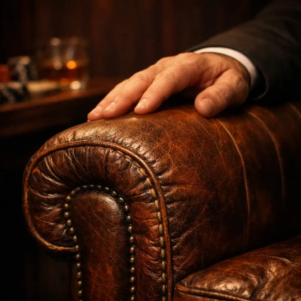 Gros plan sur un fauteuil en cuir vieilli dans le Poker Lounge