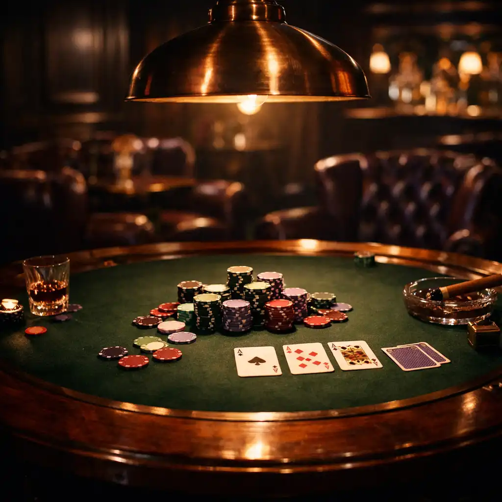 Table de poker élégante dans un club privé sombre avec éclairage tamisé