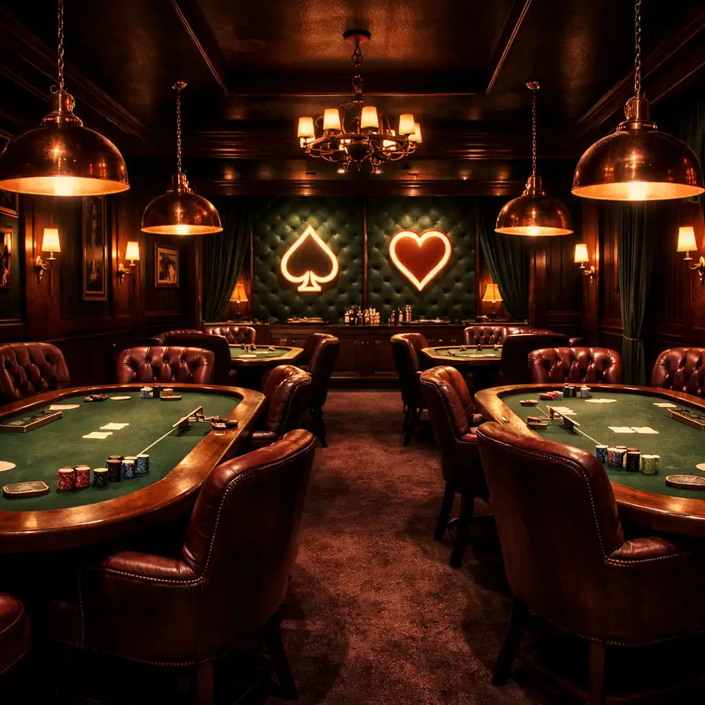 Vue d'ensemble du Poker Lounge avec boiseries sombres, fauteuils en cuir et table de poker sous une lumière tamisée
