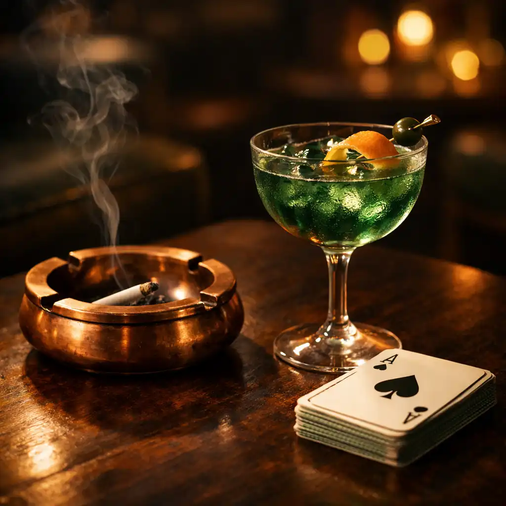 Détail du décor du Poker Lounge avec cendrier en cuivre, verre de cocktail et jeu de cartes