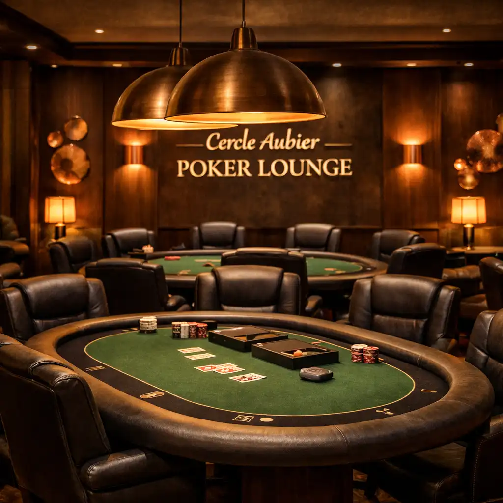 Vue d’ensemble du Poker Lounge avec plusieurs tables de poker et éclairage d’ambiance