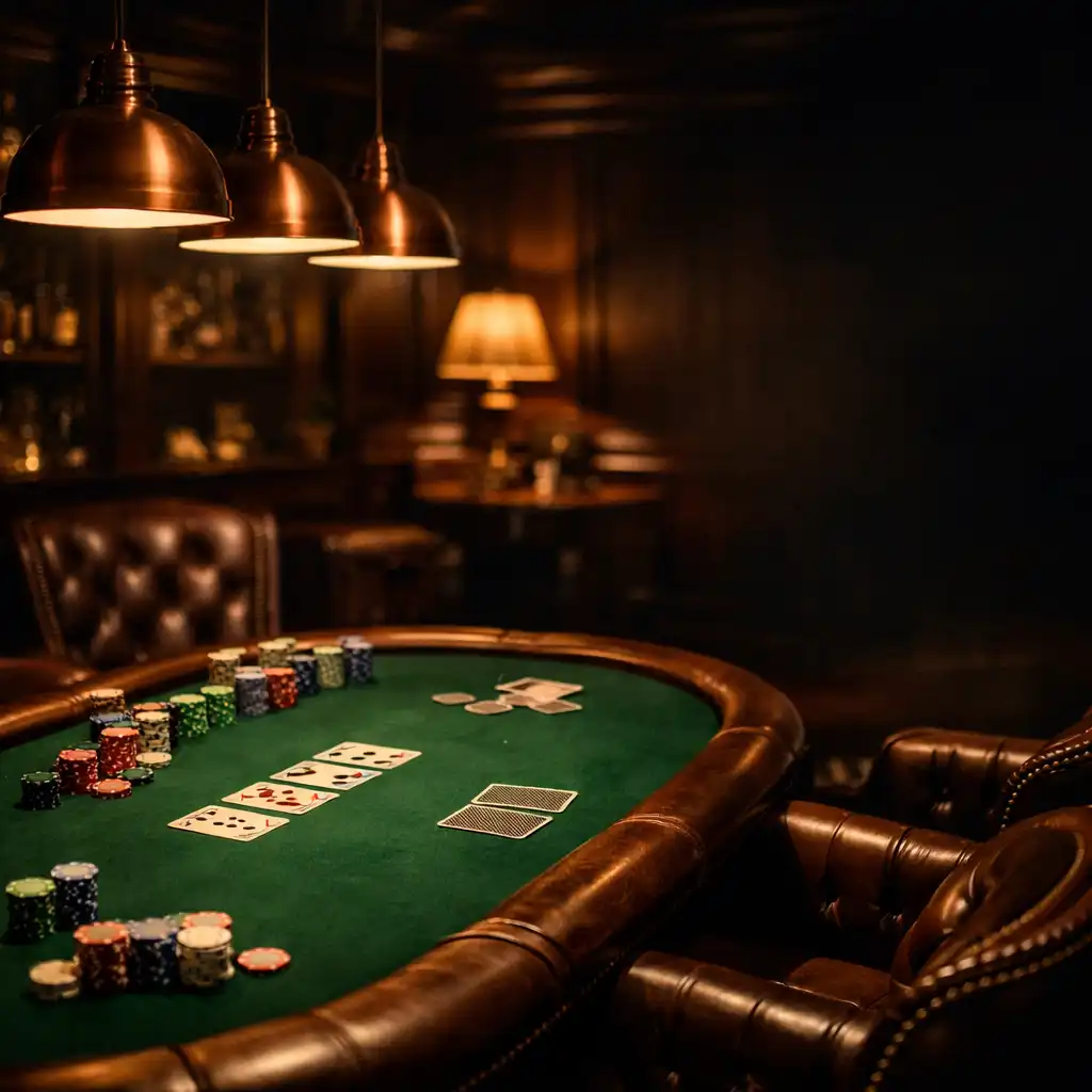 Intérieur du Poker Lounge avec table de poker en bois sombre et fauteuils en cuir