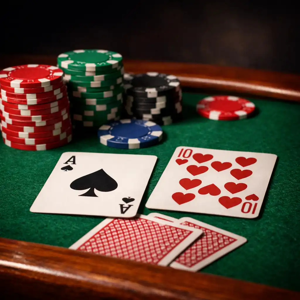 Gros plan sur une table de poker en bois massif avec cartes et jetons sans dénomination