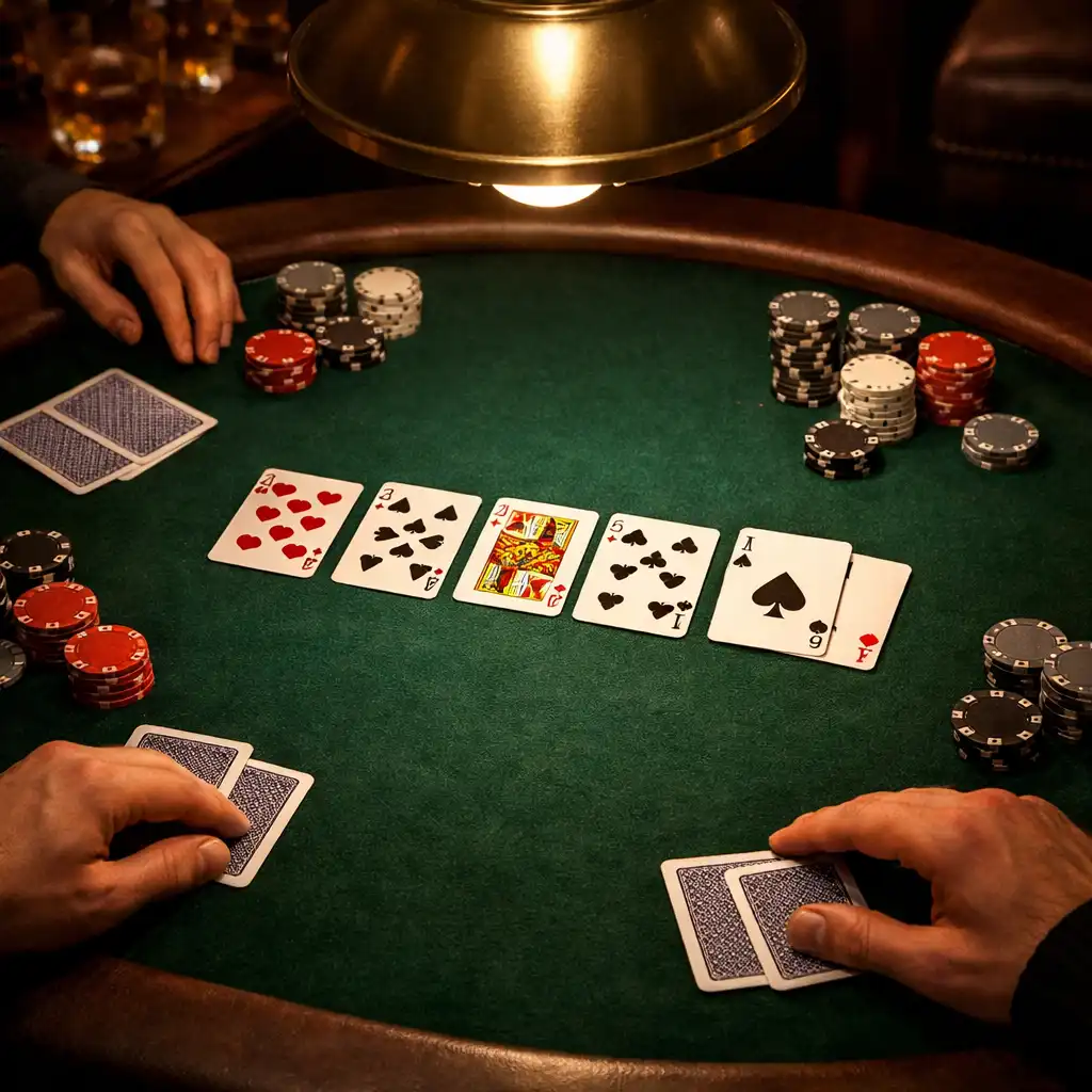 Table de poker physique avec feutrine vert forêt, cartes à jouer et jetons neutres