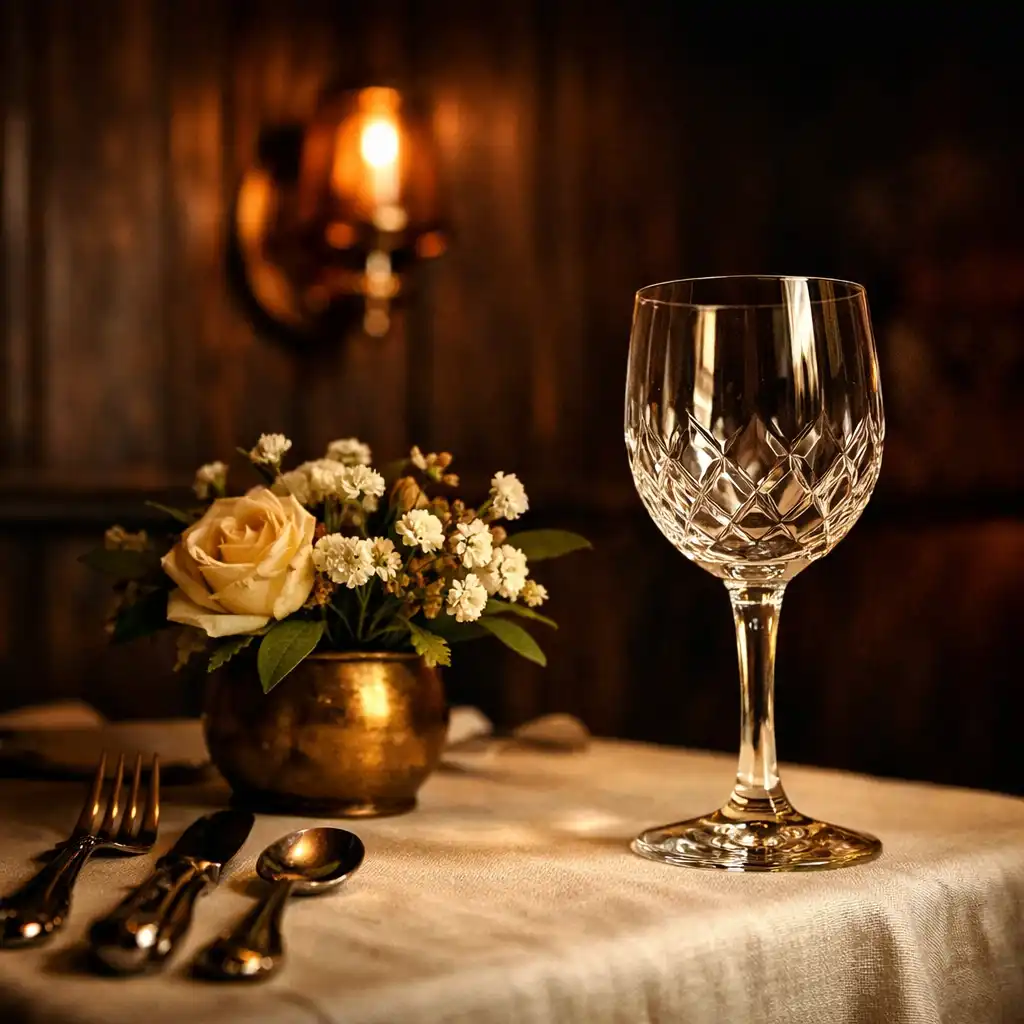 Détail d'une table dressée au Cercle Aubier : nappe en lin ivoire, couverts en argent, verre en cristal et applique en cuivre