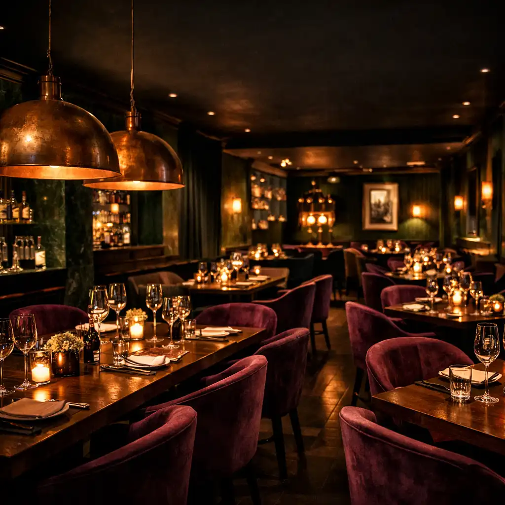 Intérieur du restaurant Cercle Aubier à Lyon, salle élégante avec bois sombre, velours aubergine et luminaires en cuivre