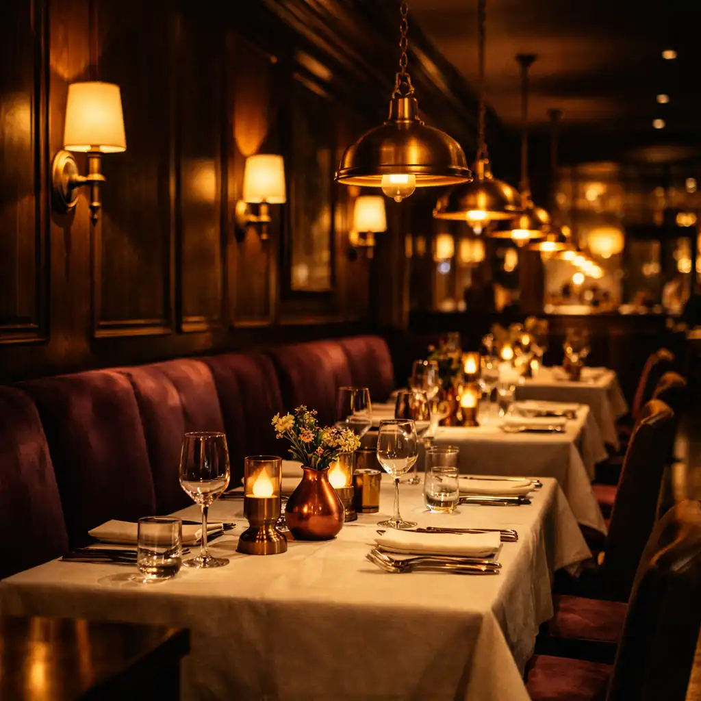 Intérieur du restaurant Cercle Aubier avec banquettes en velours aubergine et luminaires en laiton