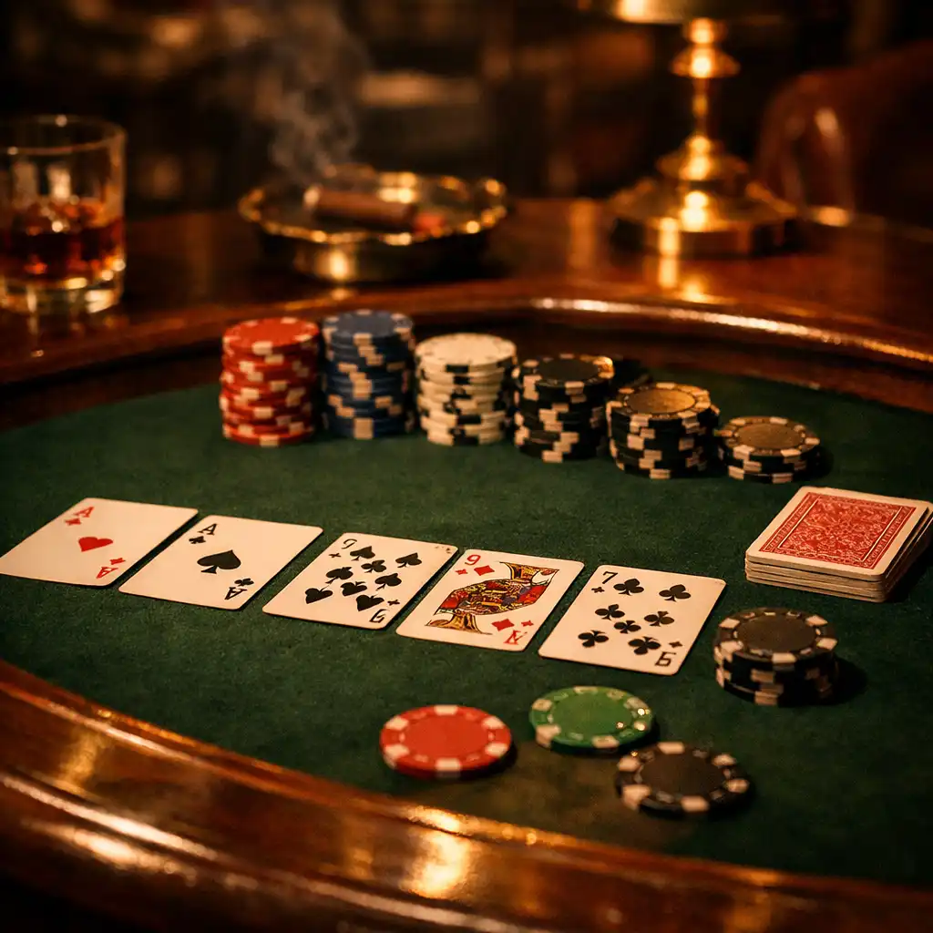 Table de poker en bois sombre avec tapis vert forêt, cartes à jouer et jetons sans dénomination monétaire, dans une ambiance feutrée de club privé